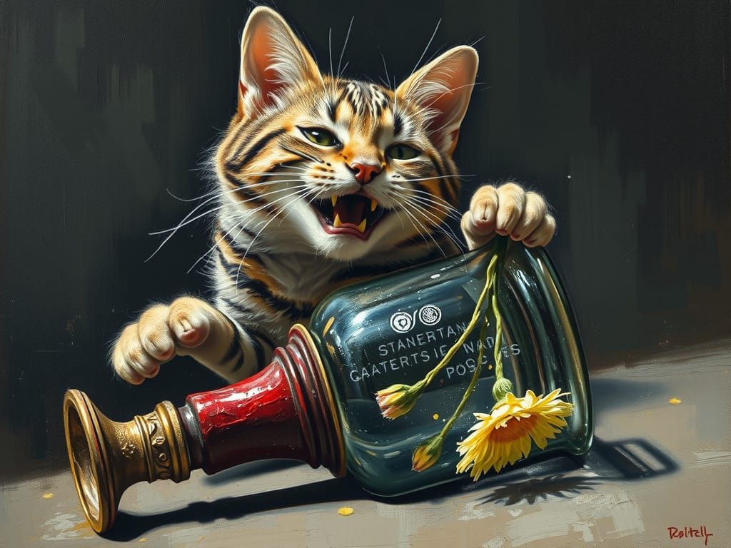 Mischievous Tomcat Topples Vase in Gritty Impasto Oil Painti...