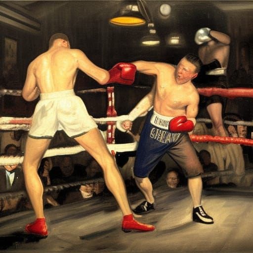 Boxers Clash in Smoky Ring: Bellows-Style Matte Painting