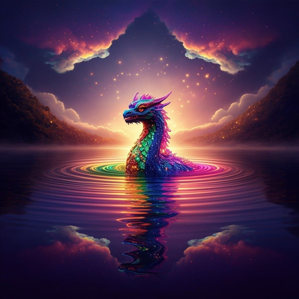 Luminous Loch Ness Monster in a Surreal Landscape