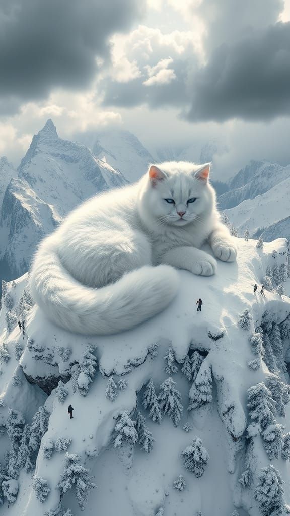 Whimsical Surrealist Landscape with Majestic Snowy Cat Imp