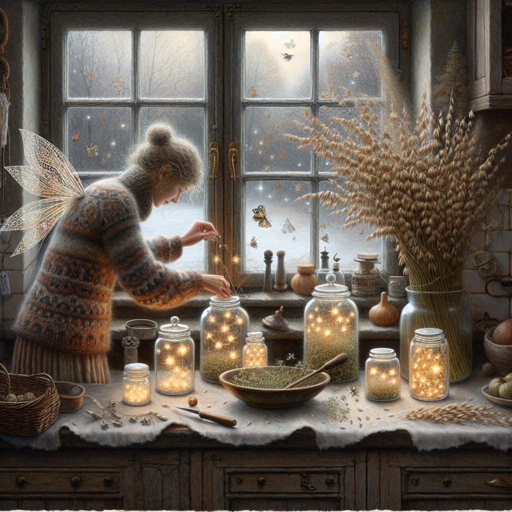 Fairy in Cozy Kitchen Arranging Stars: Romantic Era Art