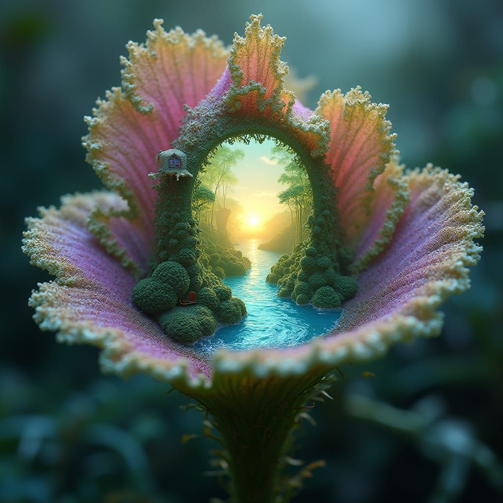 Surreal Waterlily Portal to Futuristic Landscape