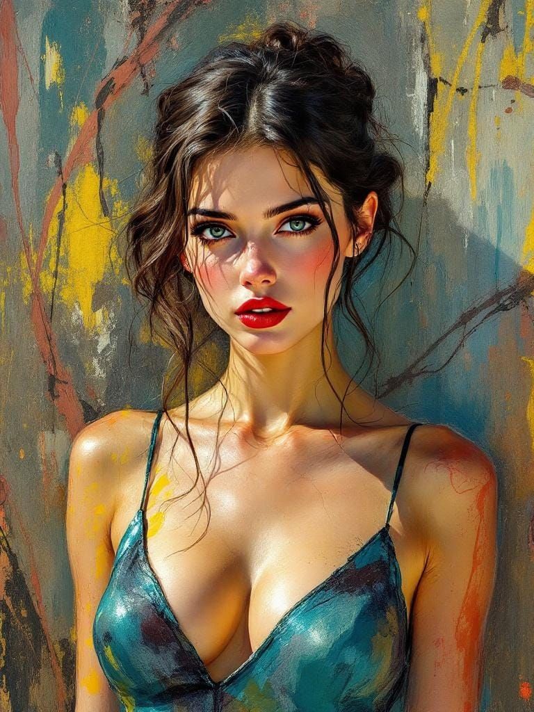 Elegant Pin-Up Woman in Teal Dress, Luminous Watercolor