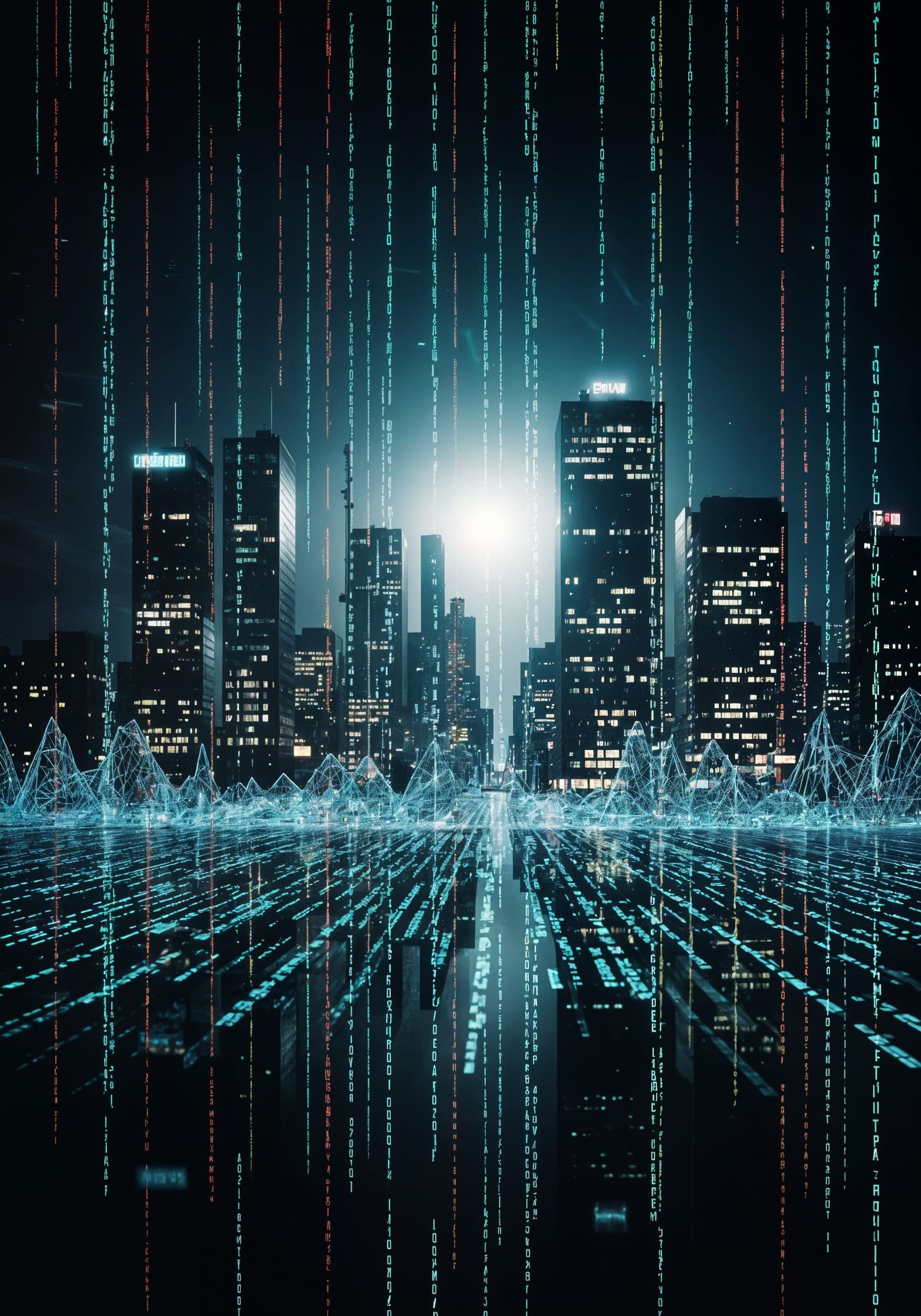 Cyberpunk Cityscape Double Exposed to Digital Codes