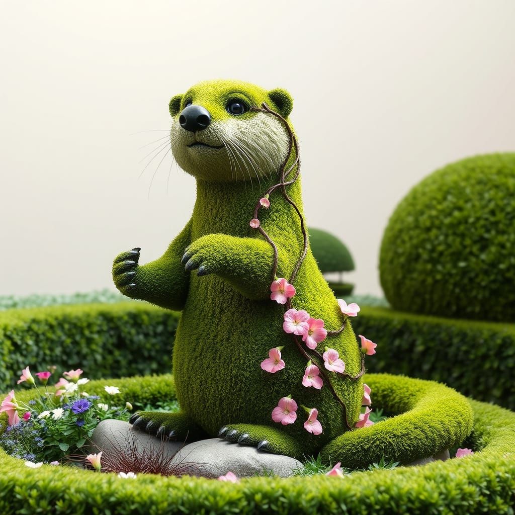Whimsical Moss Otter Topiary in a Manicured Garden