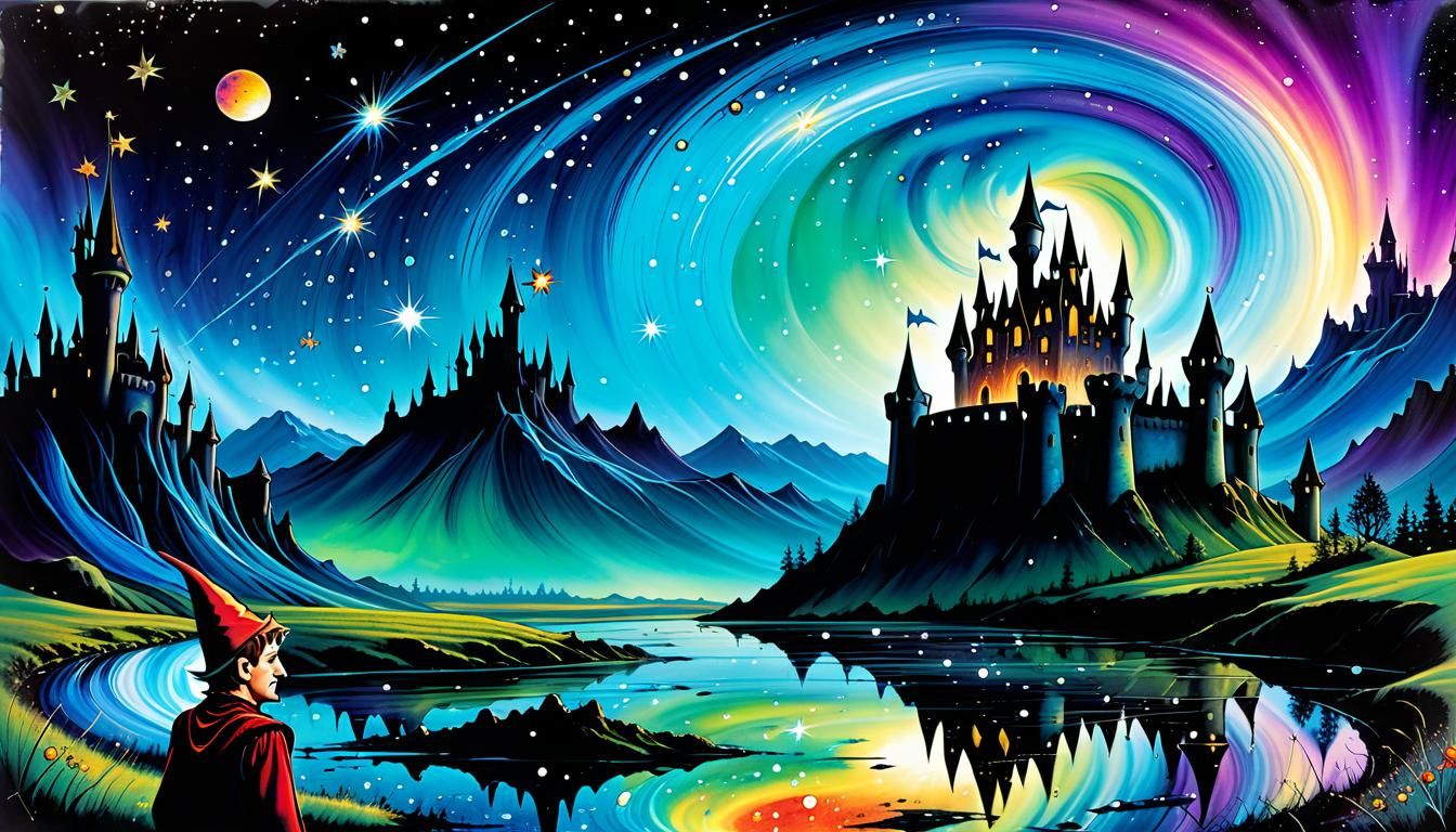 Elf and Shooting Star Castle in Alcohol Ink Style