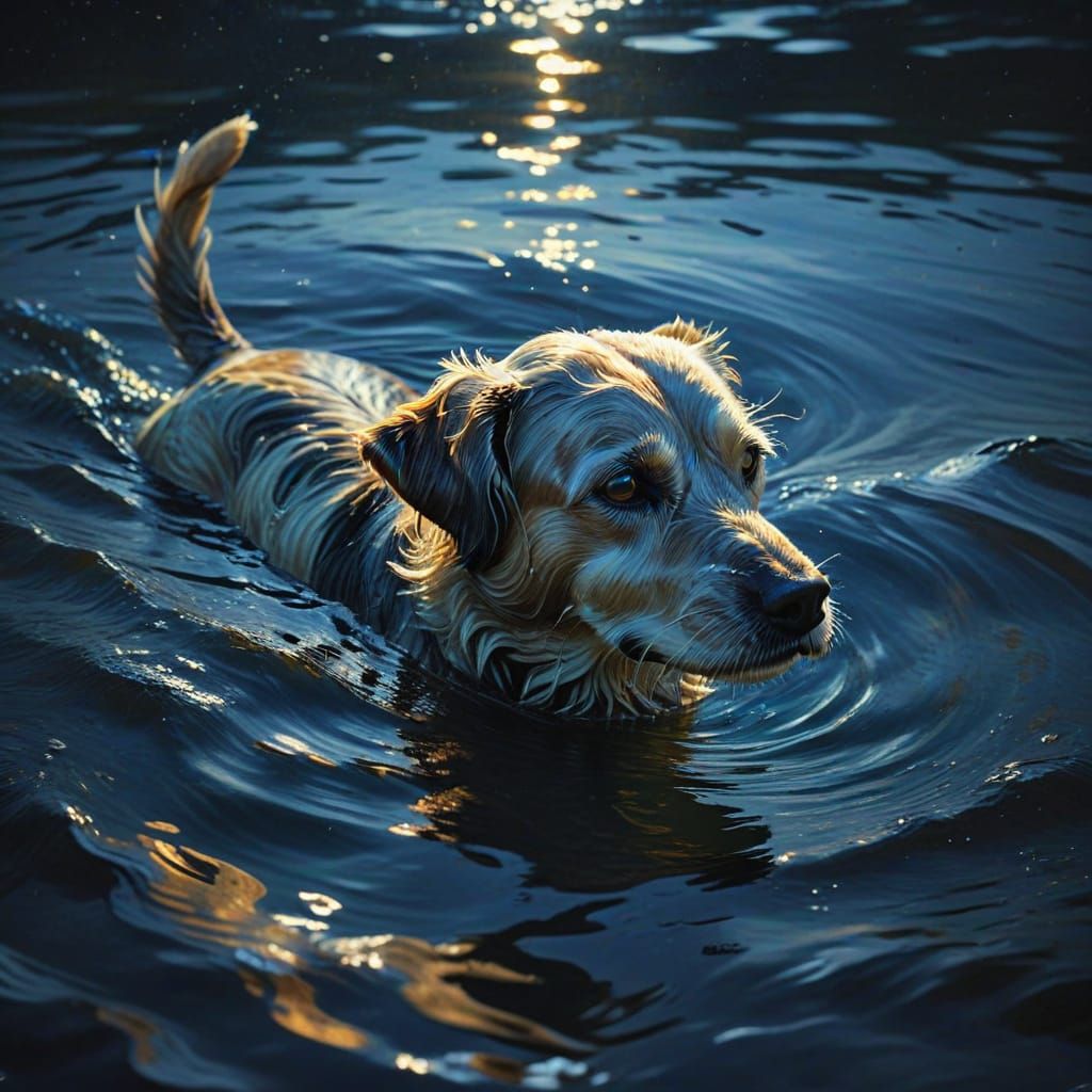 Moonlit Dog Drifts on Serene River Waters