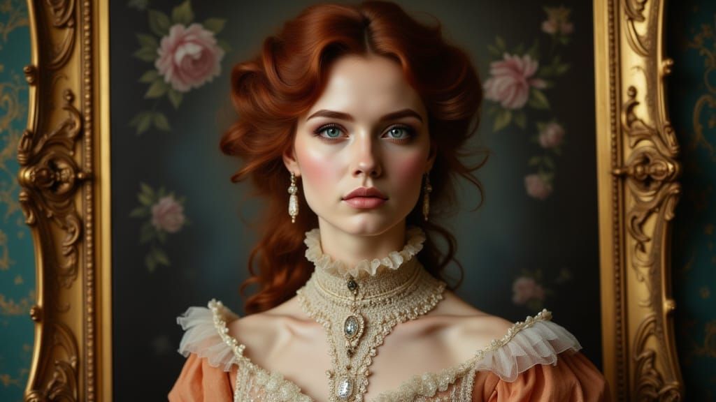 Victorian Maiden Portrait in Ornate Gilded Frame