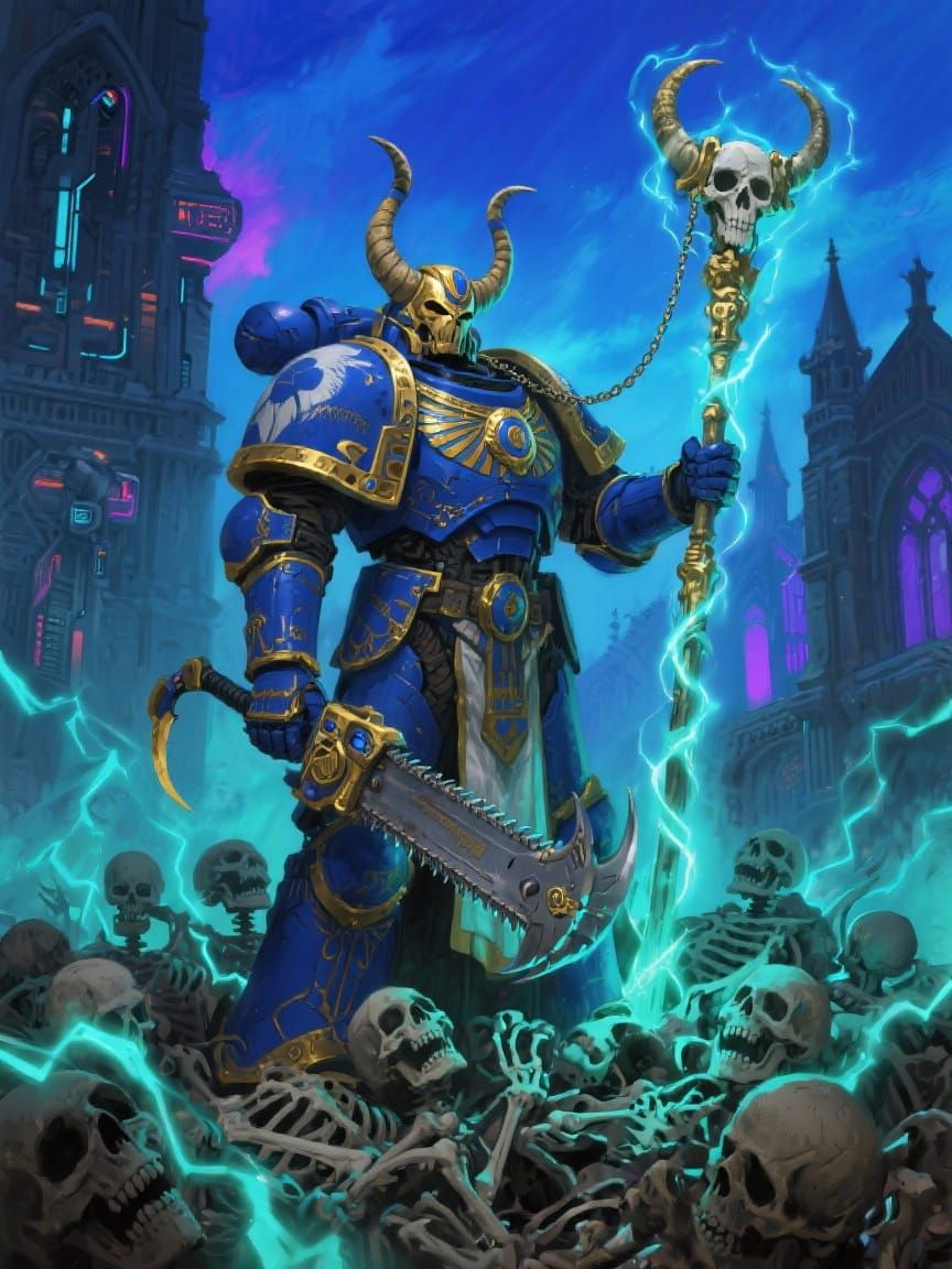 Space Marine Sorcerer Amidst Electrified Skeletons