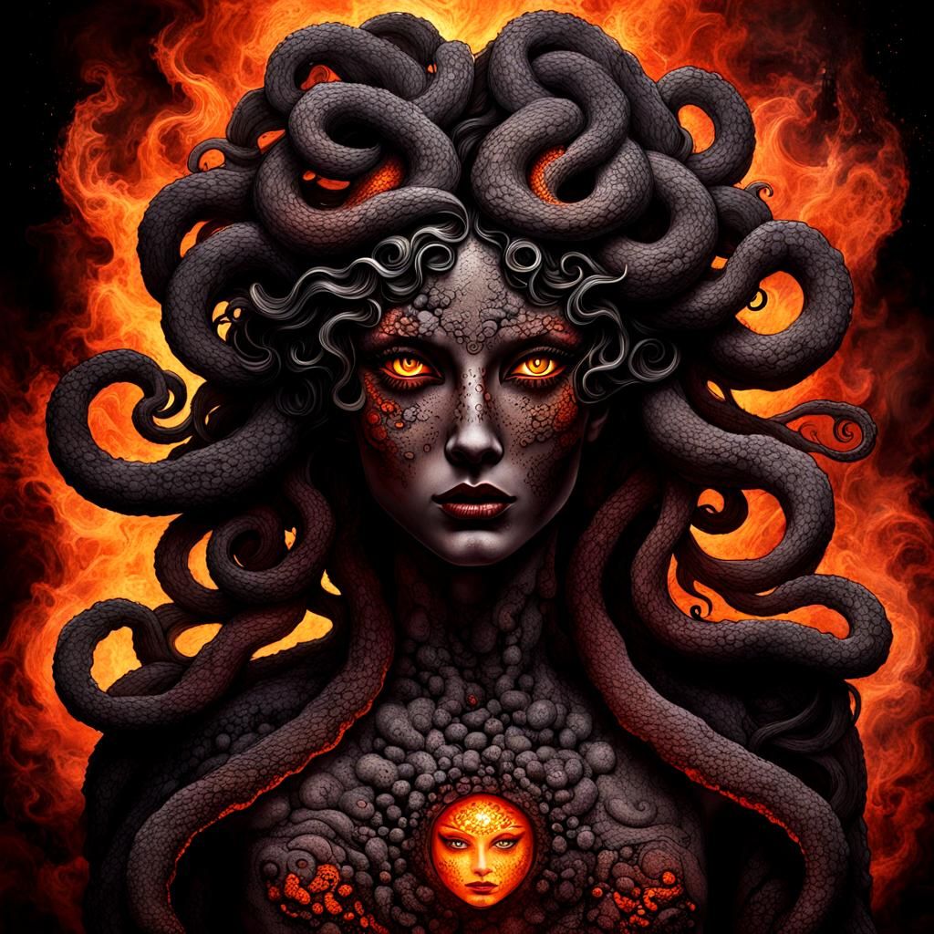 Volcanic Medusa with Lava Eyes in Dark Fantasy Style