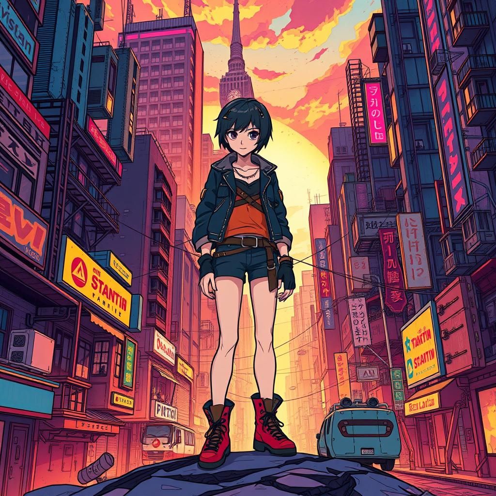 Dystopian Cityscape with Rebellious Protagonist in Anime Sty...