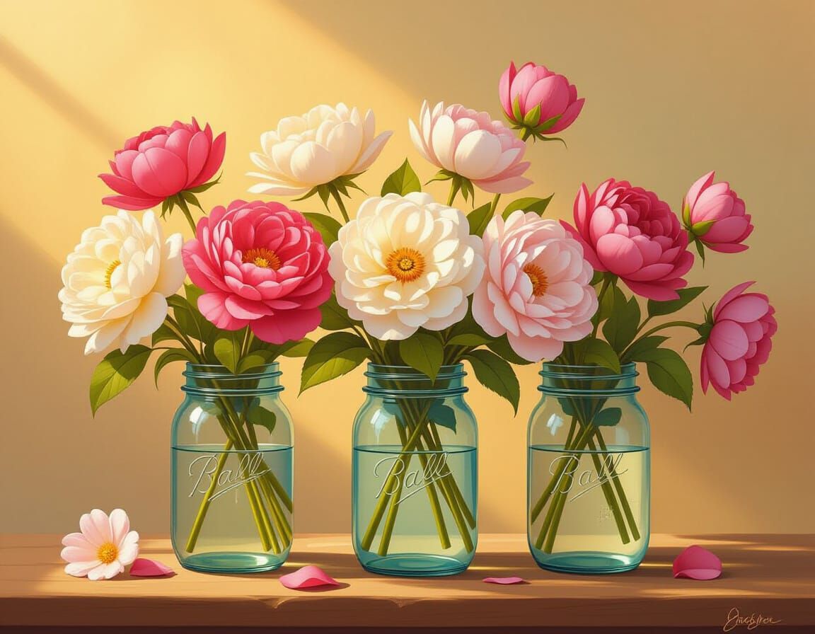 Vibrant Flowers in Mason Jars, Still Life