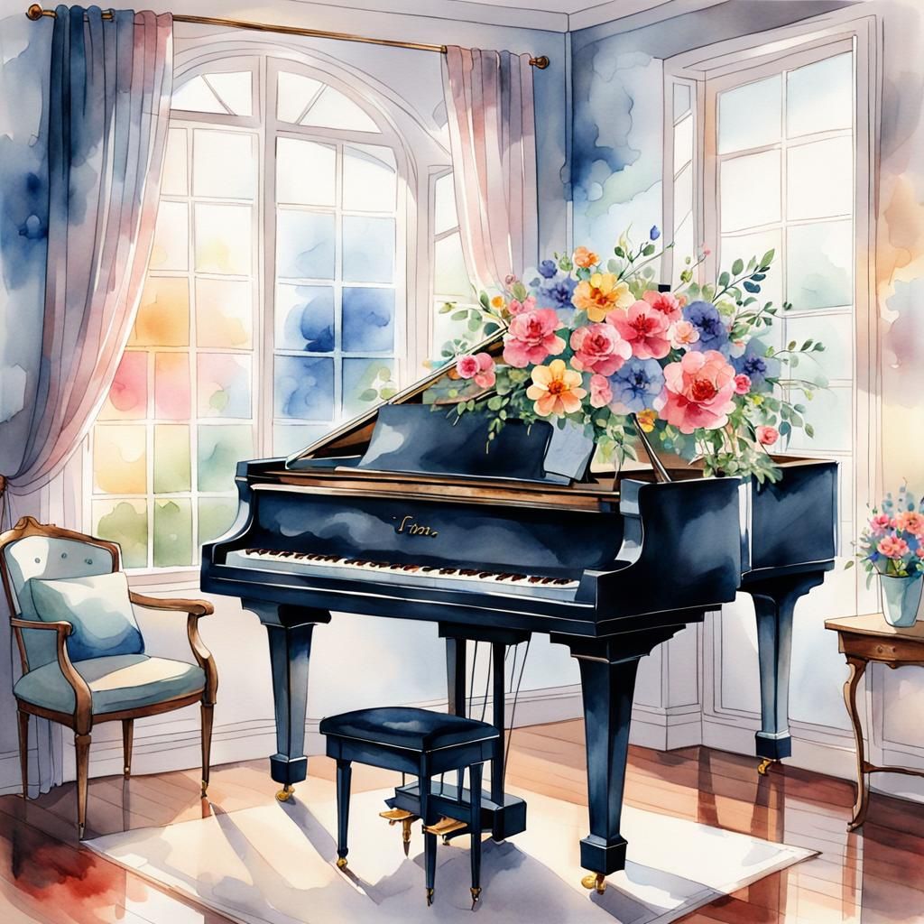 Floral Grand Piano by Window in Watercolor Style