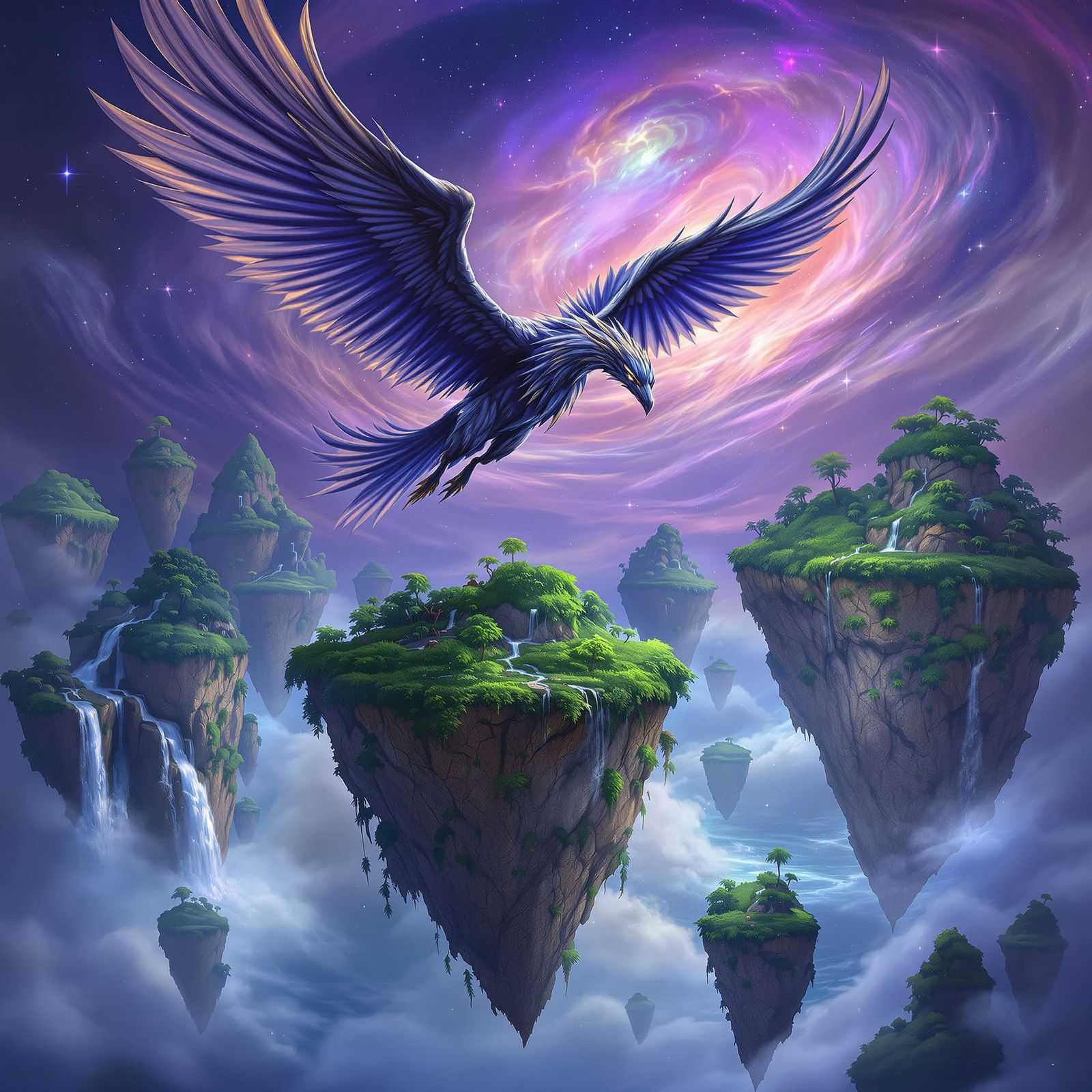 Griffin Soars Past Floating Islands in Fantasy Art