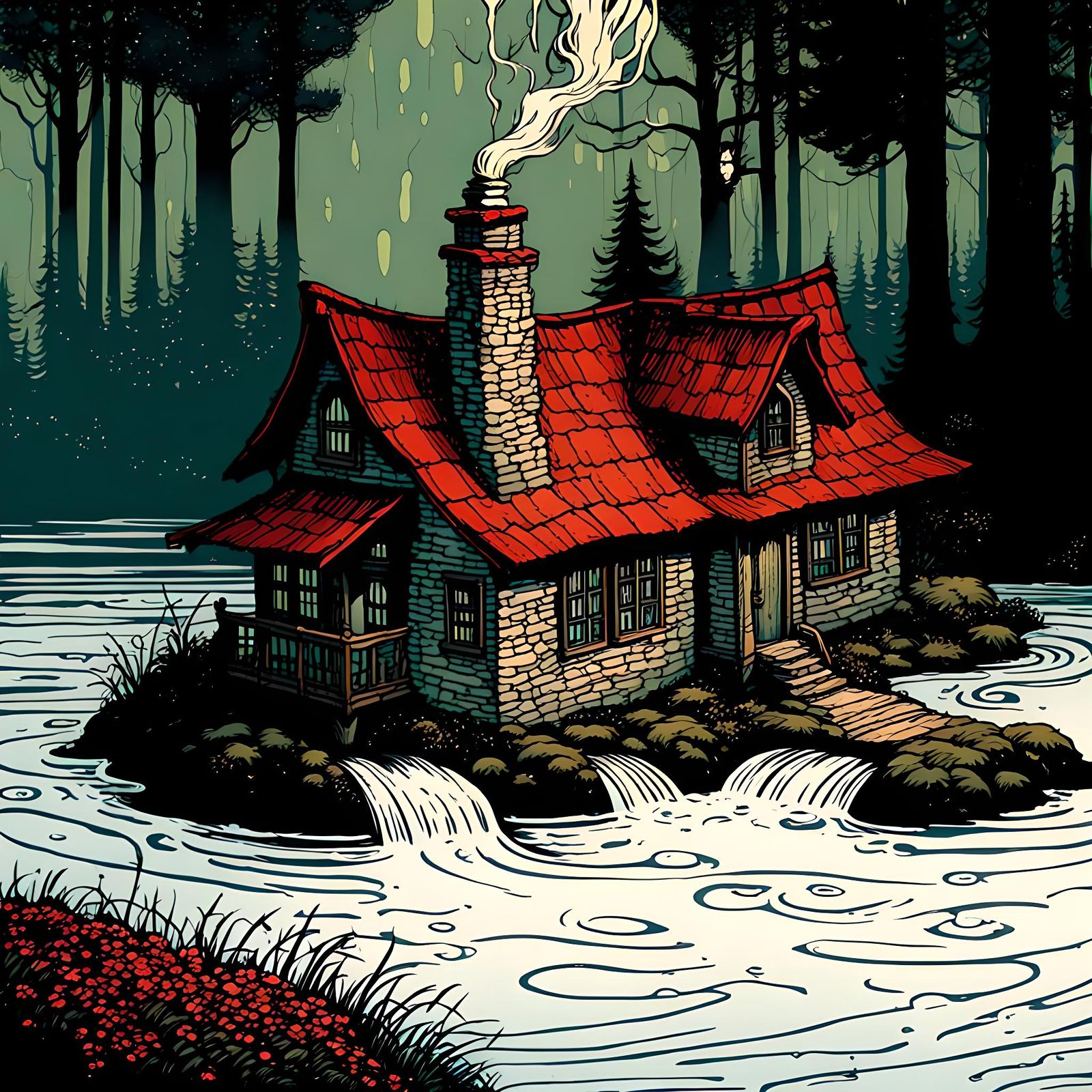 Fntasy fairy house, forest, waterfallby arthur rackham and james r eads