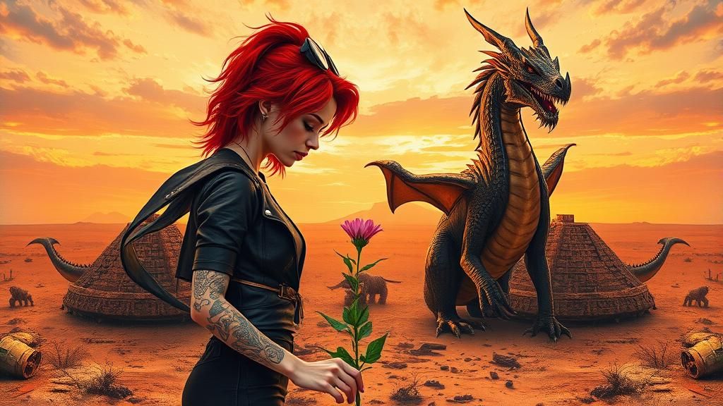 Woman and Dragon in Post-Apocalyptic Impasto Gouache Art