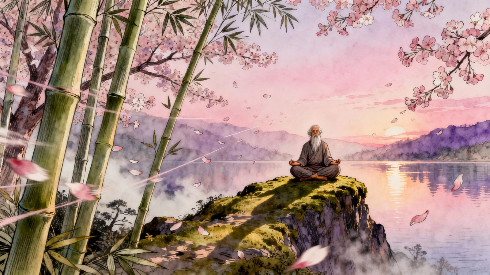 Old Man Meditating by Lake at Sunset in Watercolor Style