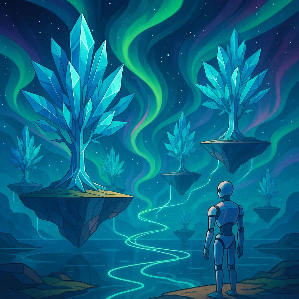 Crystalline Trees on Floating Islands in Aurora Borealis