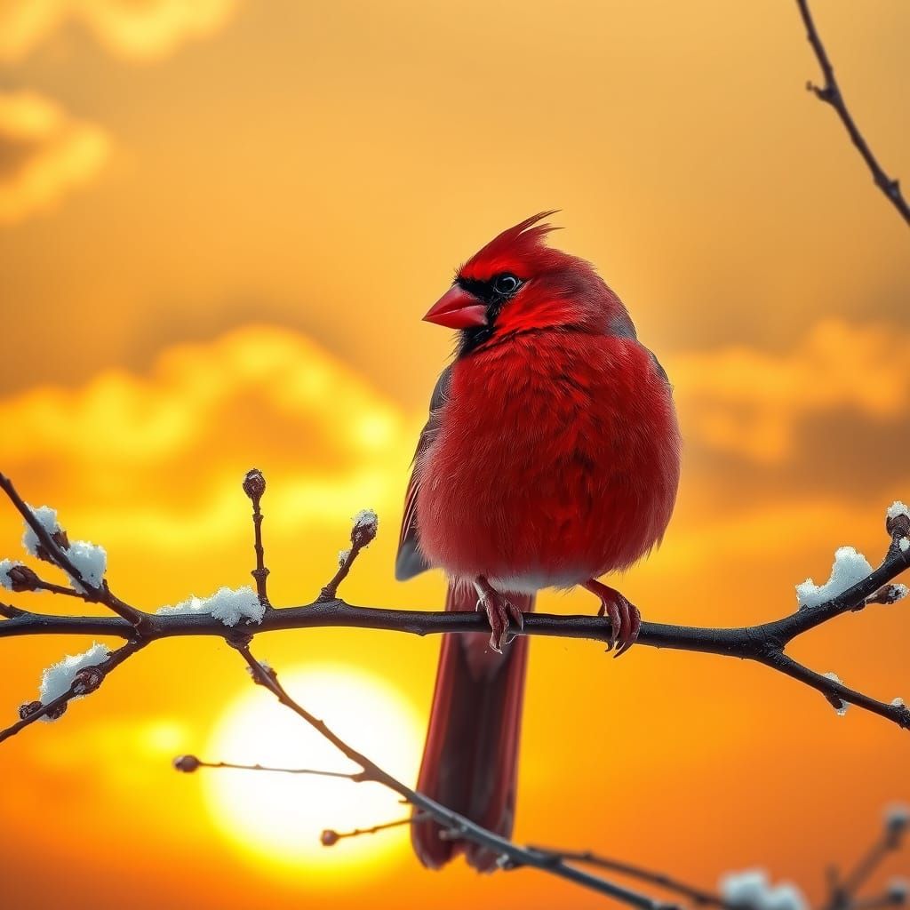 Vibrant Cardinal Perched on Snowy Branch at Sunrise