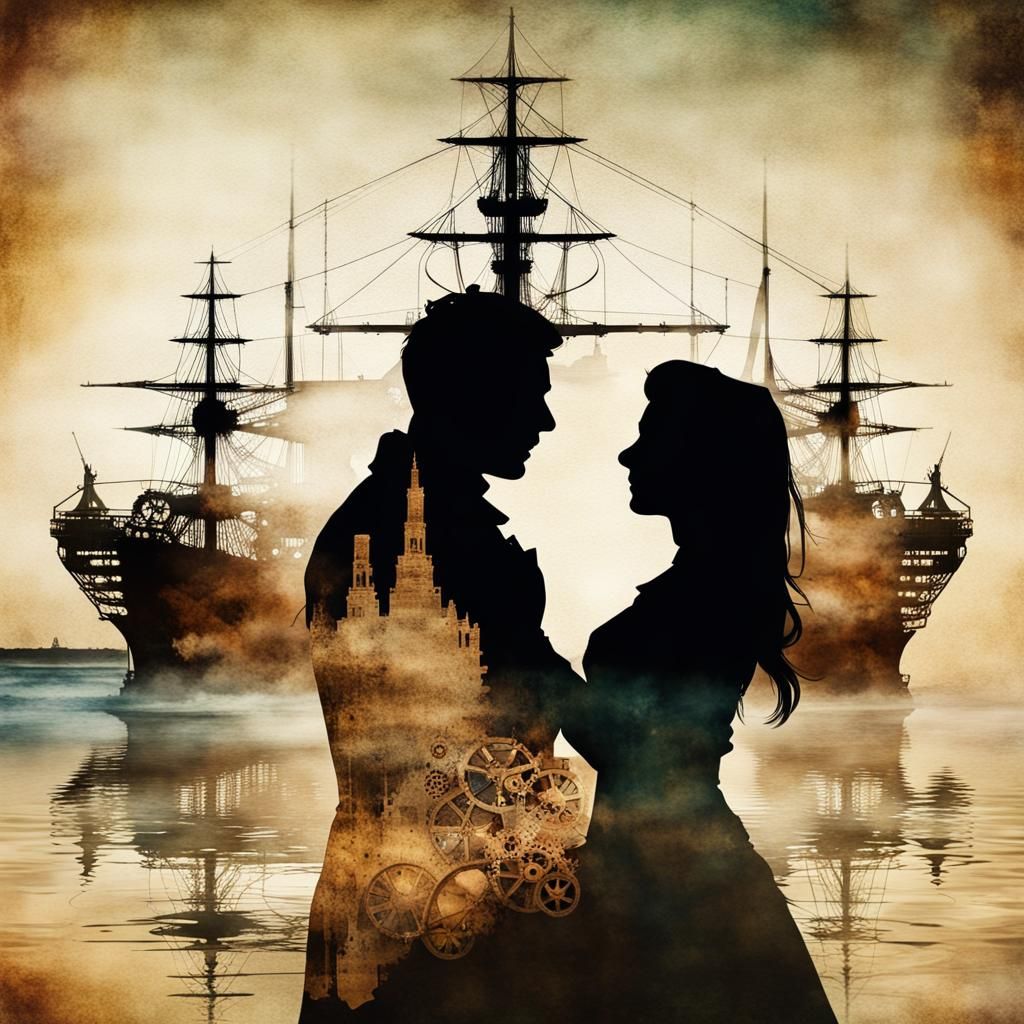 Steampunk Warship Double Exposure Watercolor Art