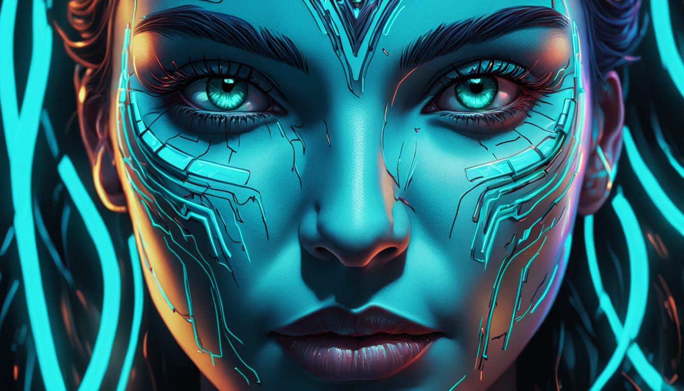 Neon Goddess Portrait in Comic Book Art Style