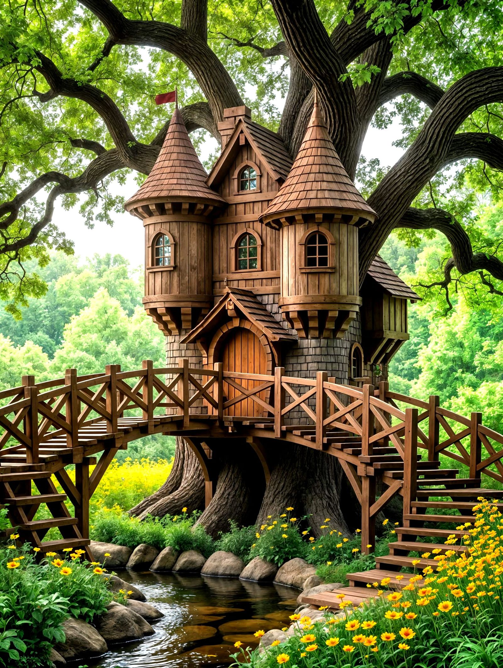Wooden Treehouse Castle with Drawbridge and Garden
