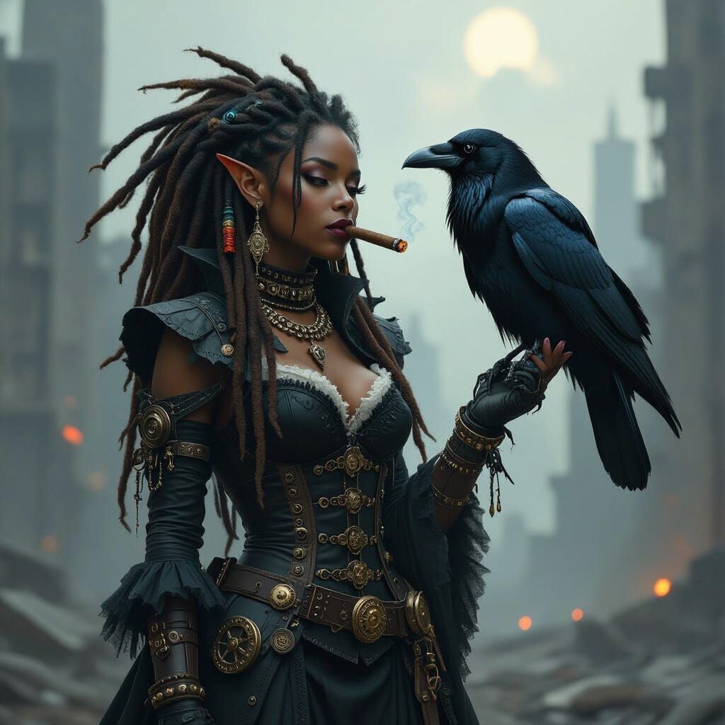 African American Elf in Gothic Steampunk Attire in Post-Apoc...