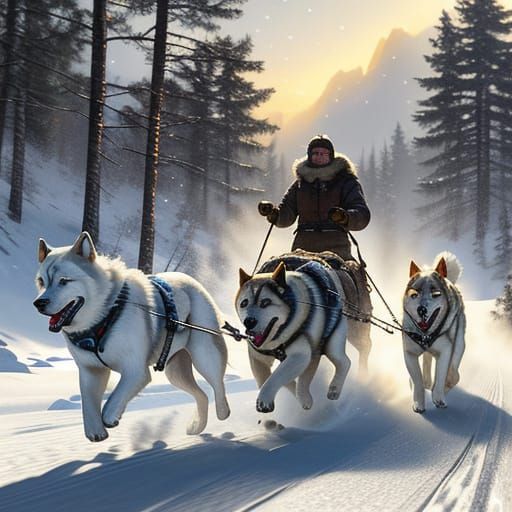 Dogs Pulling Sled Through Snowy Forest at Golden Hour