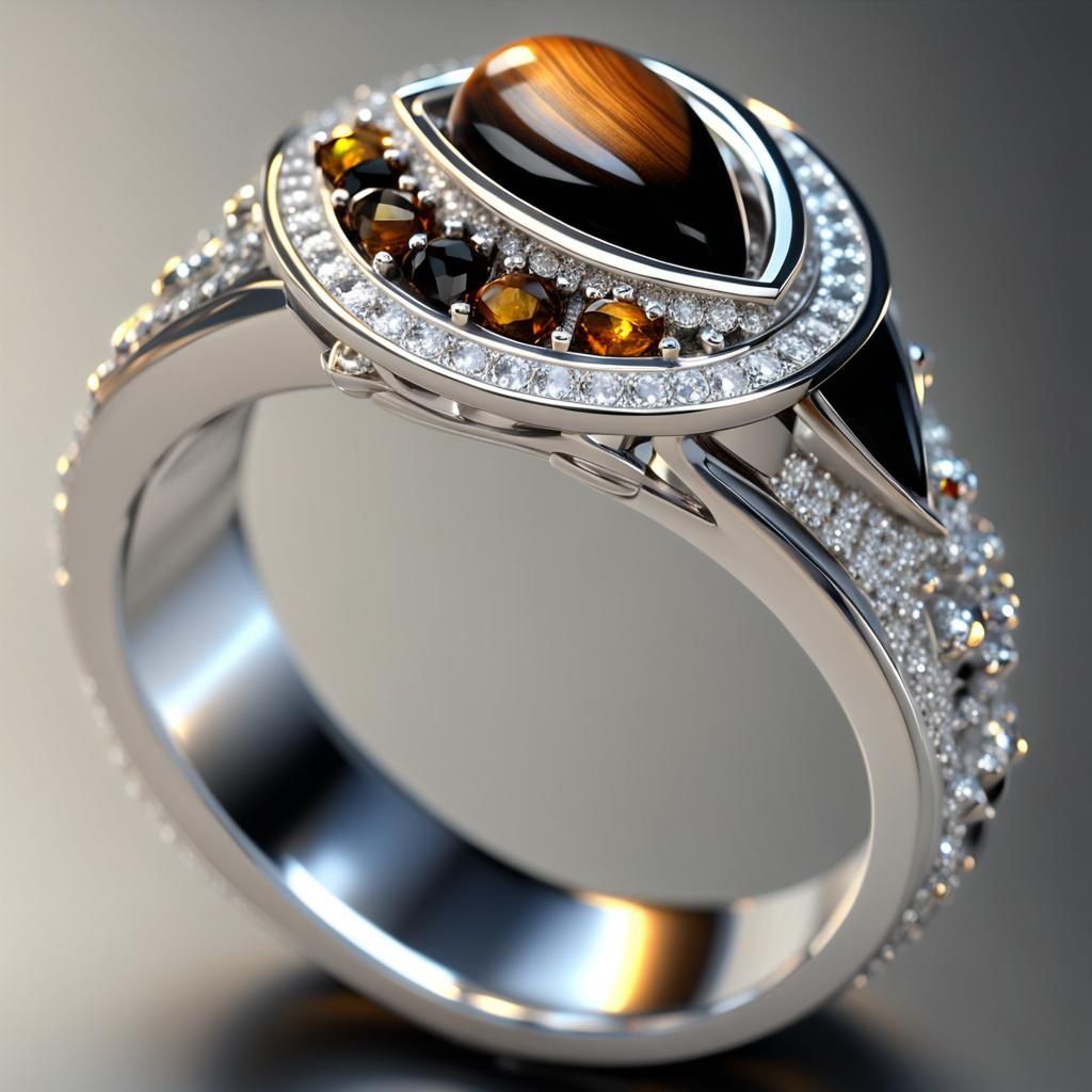 Silver Ring with Tiger Eye in 3D Render