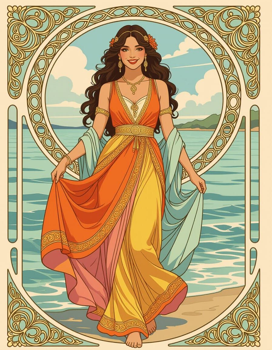 Elegant Gypsy Woman on Shore in Art Nouveau Style