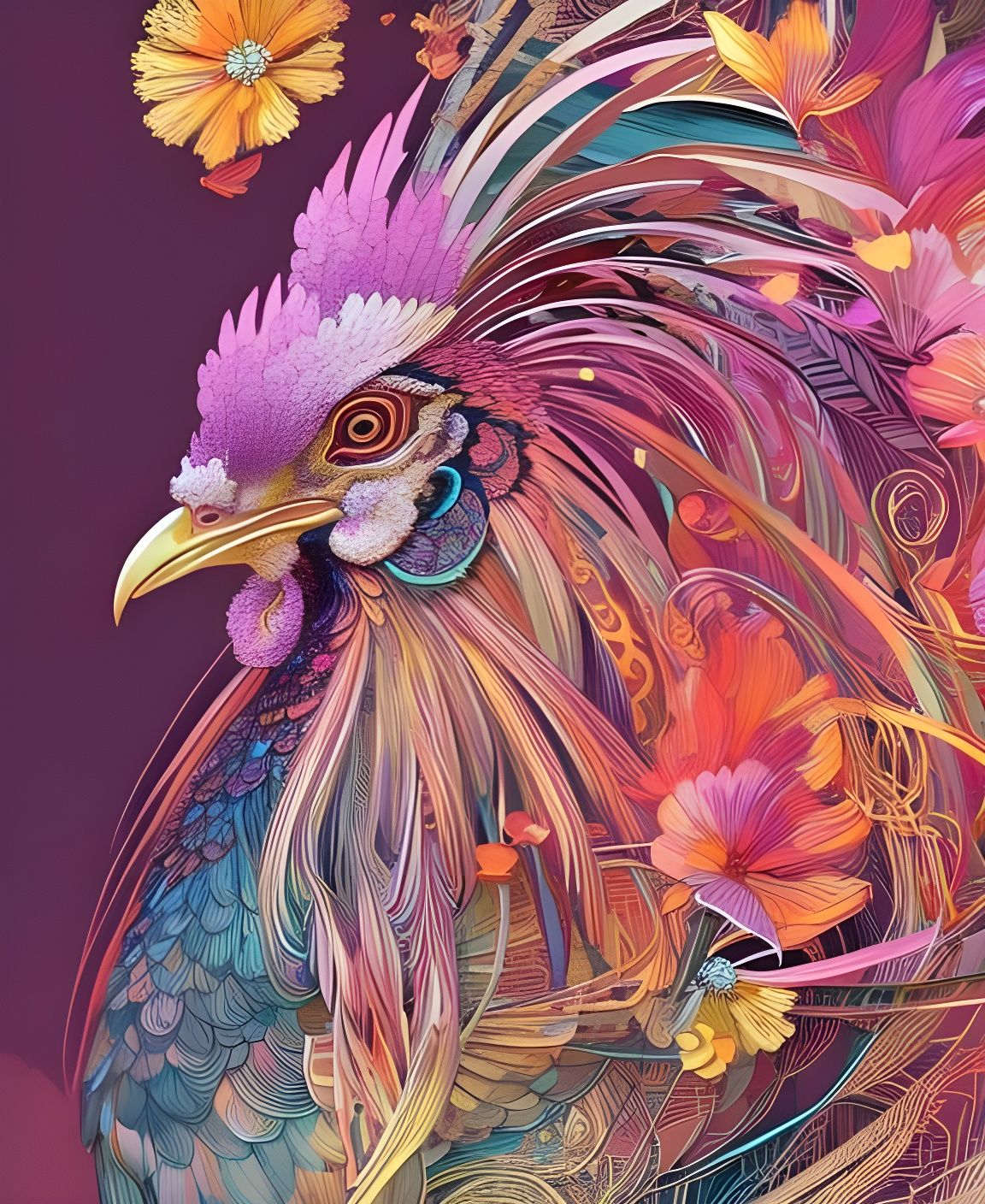 Detailed Rooster Portrait with Floral Accents