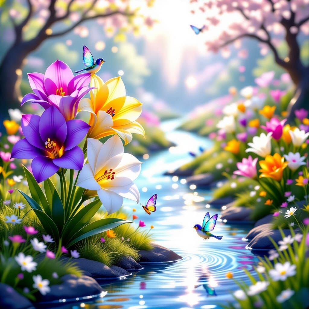 Radiant Paradise Garden with Magical River and Giant Freesia...