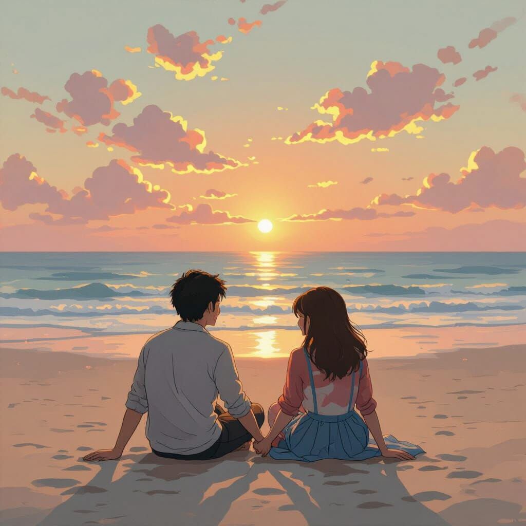 Romantic Embrace in Golden Light: Anime-Inspired Art