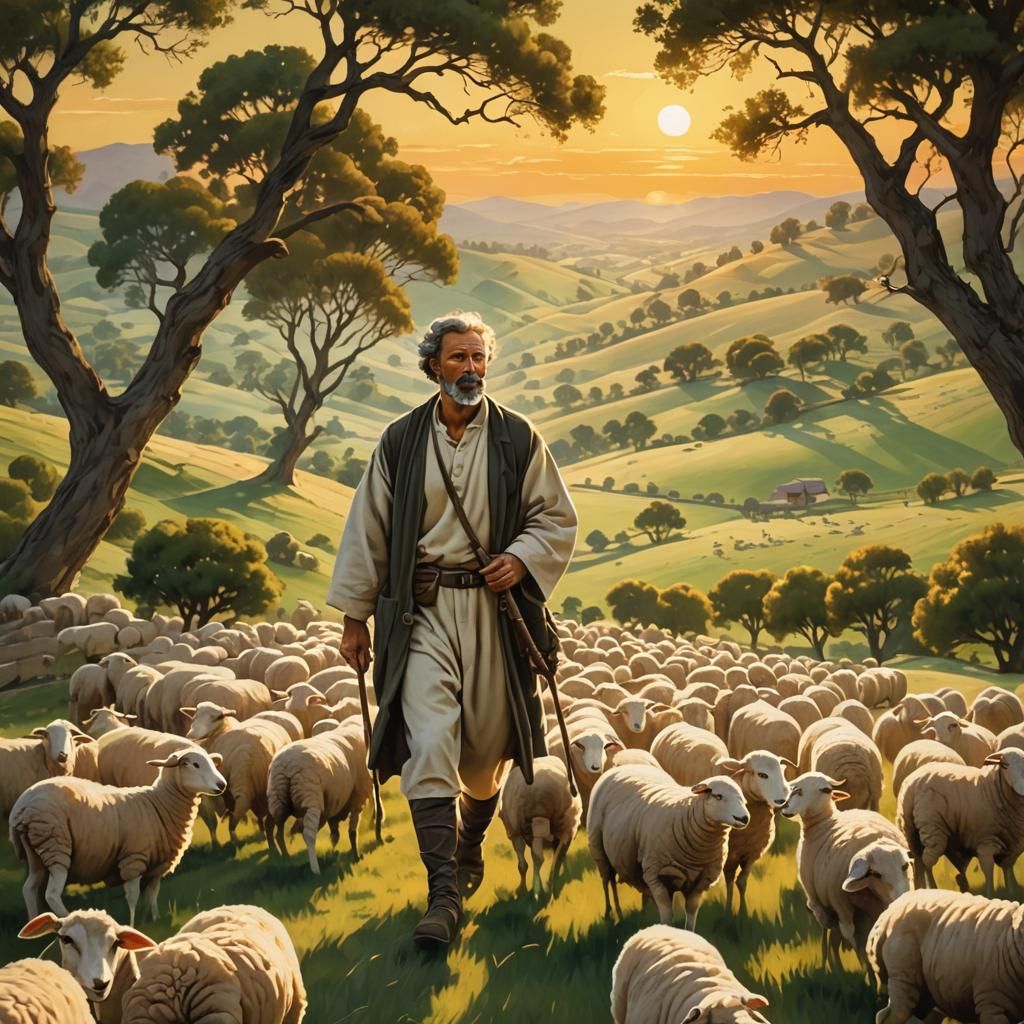 Serene Pastoral Landscape with Shepherd and Sheep
