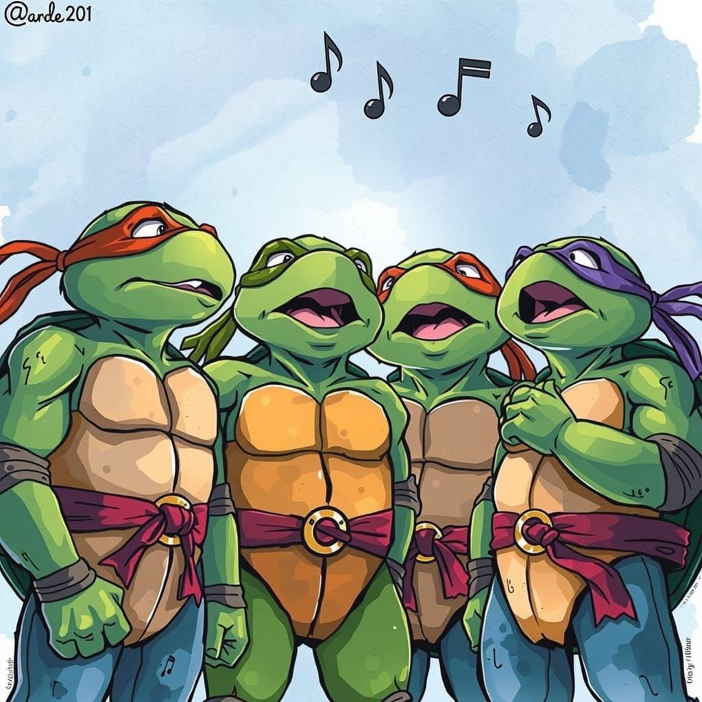 TMNT Sing Doo-Wop in Watercolor Storybook Style