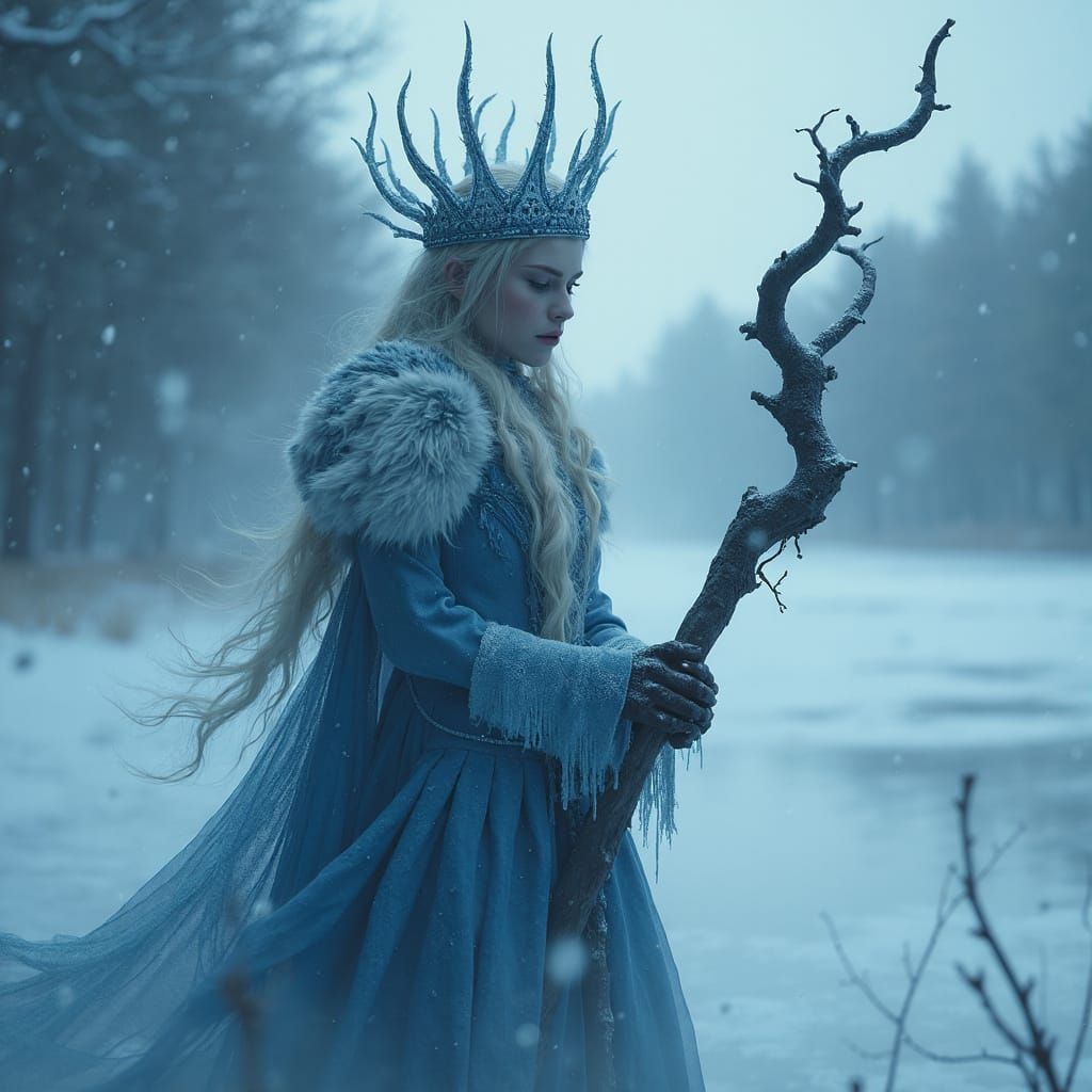 Marzanna, Slavic Goddess of Winter, on Frozen Lake