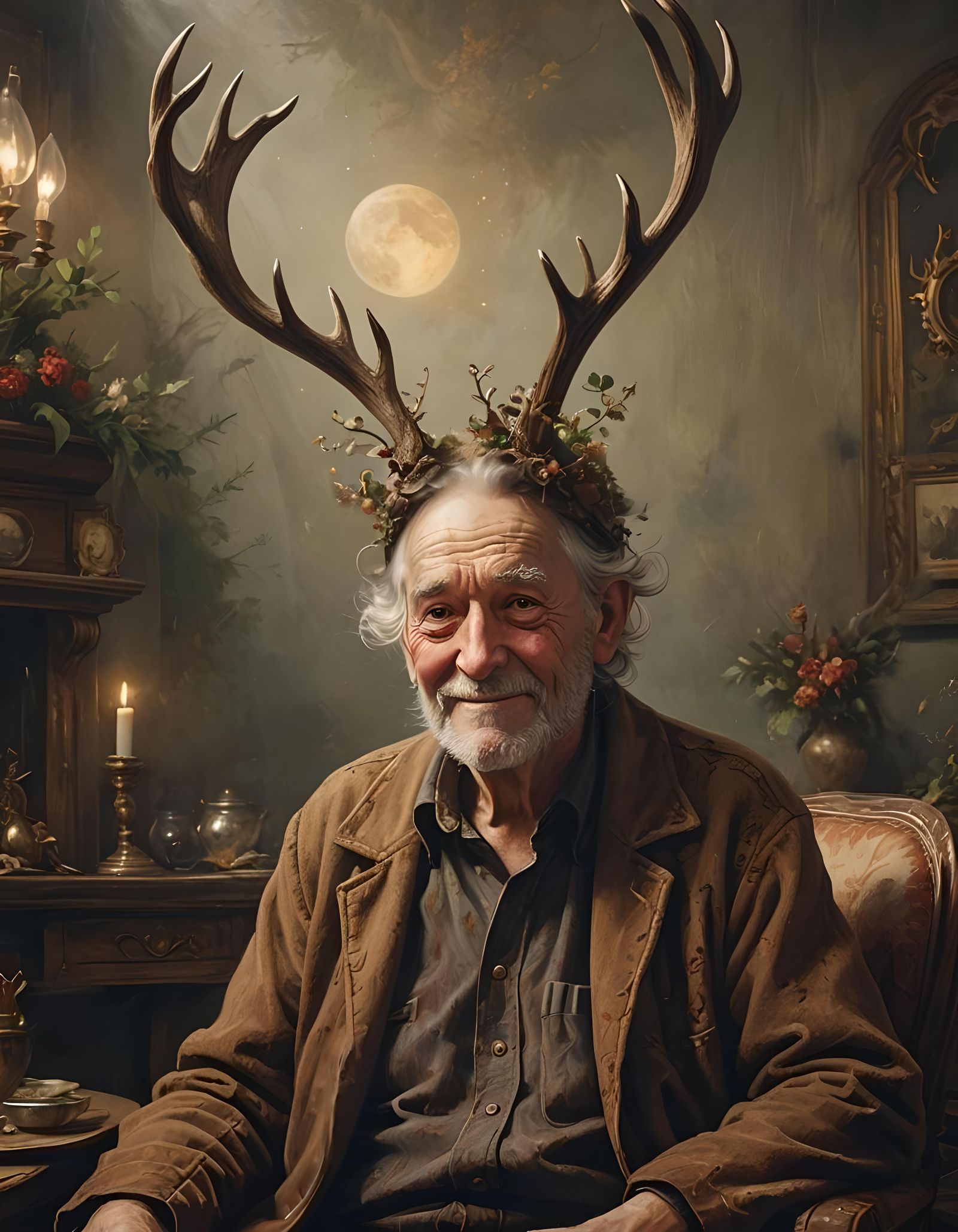 Happy Antlered Man: Rococo Portrait in Warm Colors