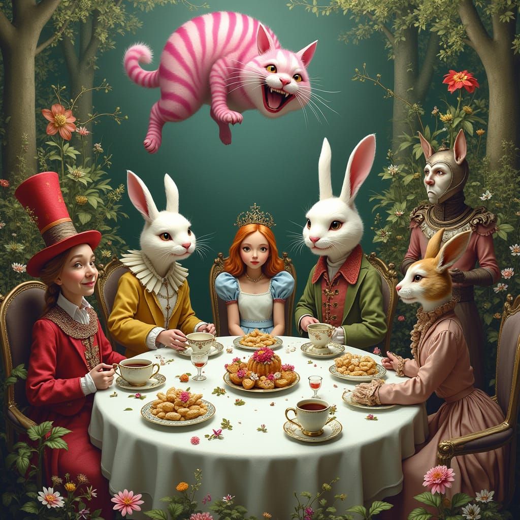 Alice's Whimsical Tea Party in a Fantastical Garden