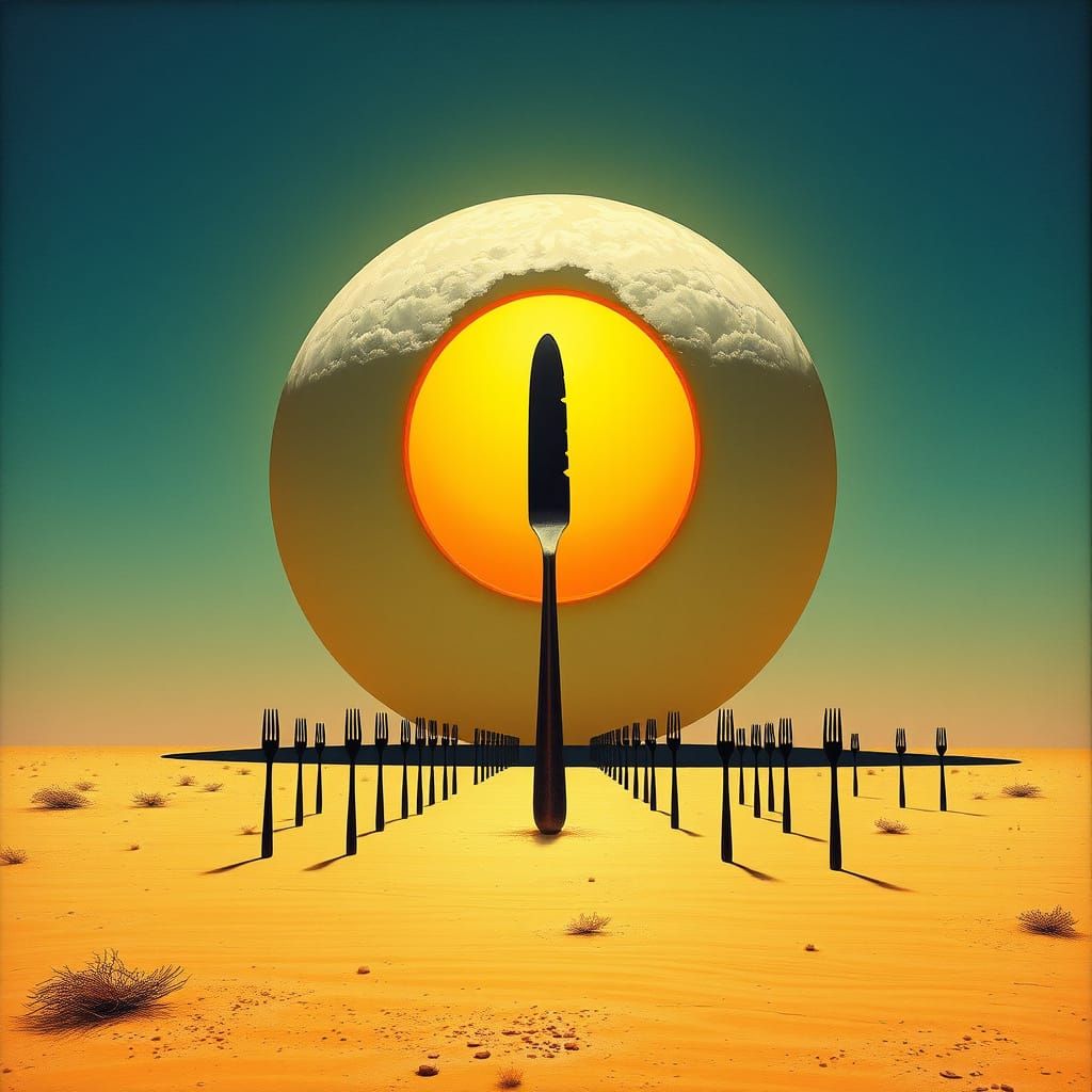 Giant Fried Egg Eclipses Sun in Surrealist Style