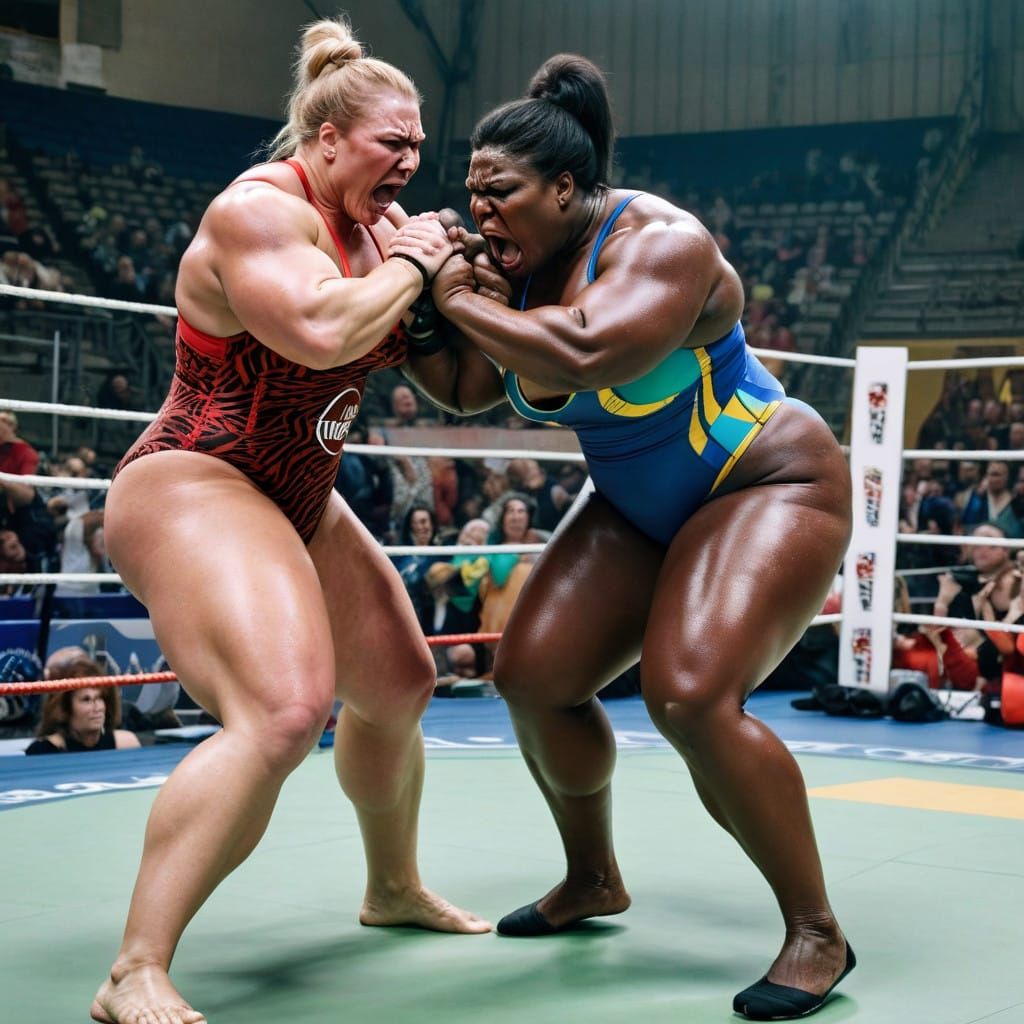 Sensual Muscular Women Engage in Intense Bodybuilder Wrestli...
