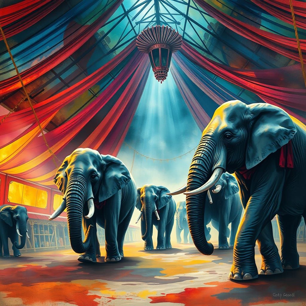 Elephants Roam Inside Vibrant Circus Tent
