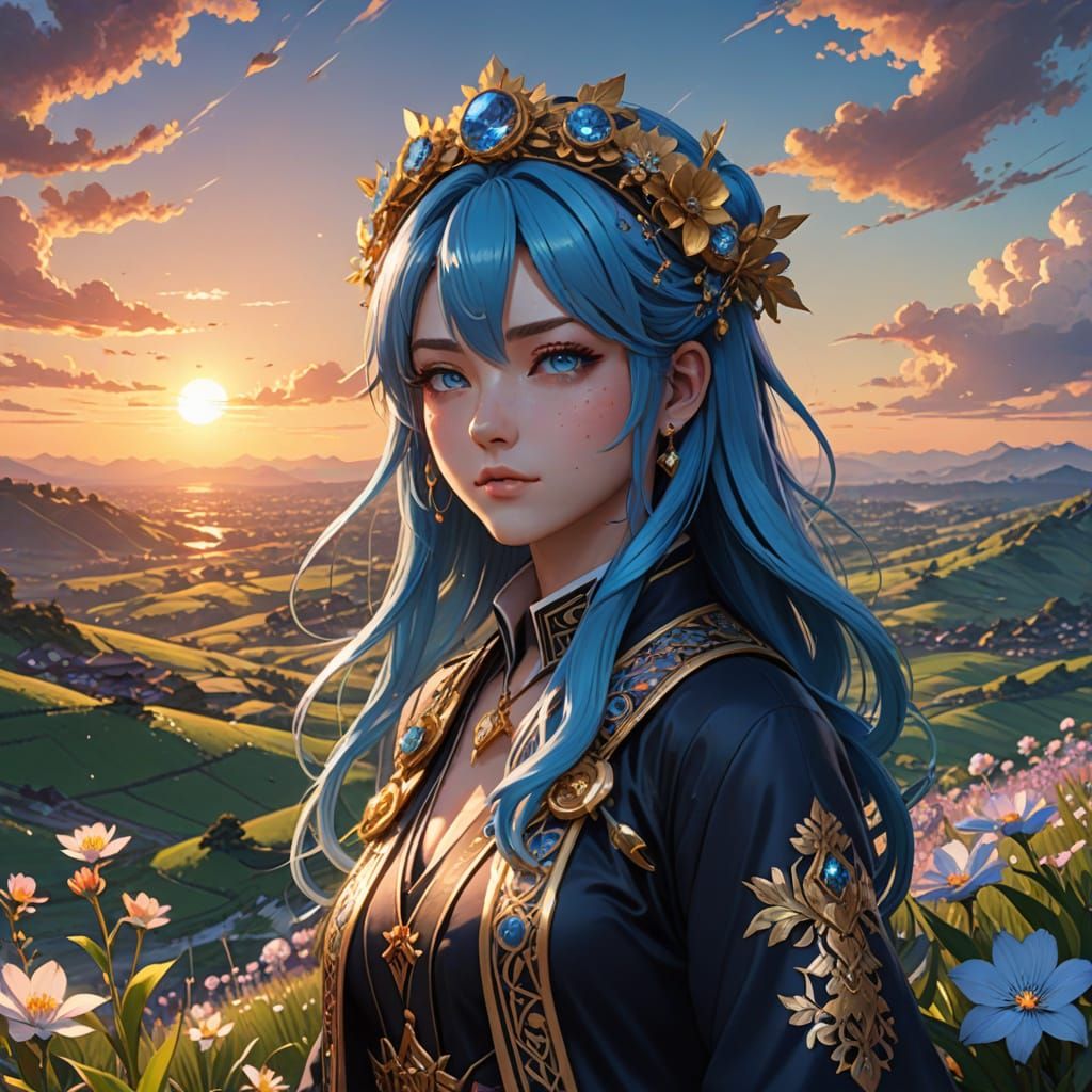 Anime Girl with Blue Hair and Crystal Suit