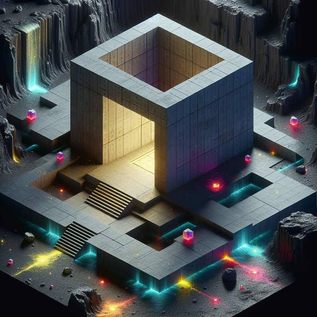 Isometric Portal to Underworld in Brutalist Bunker