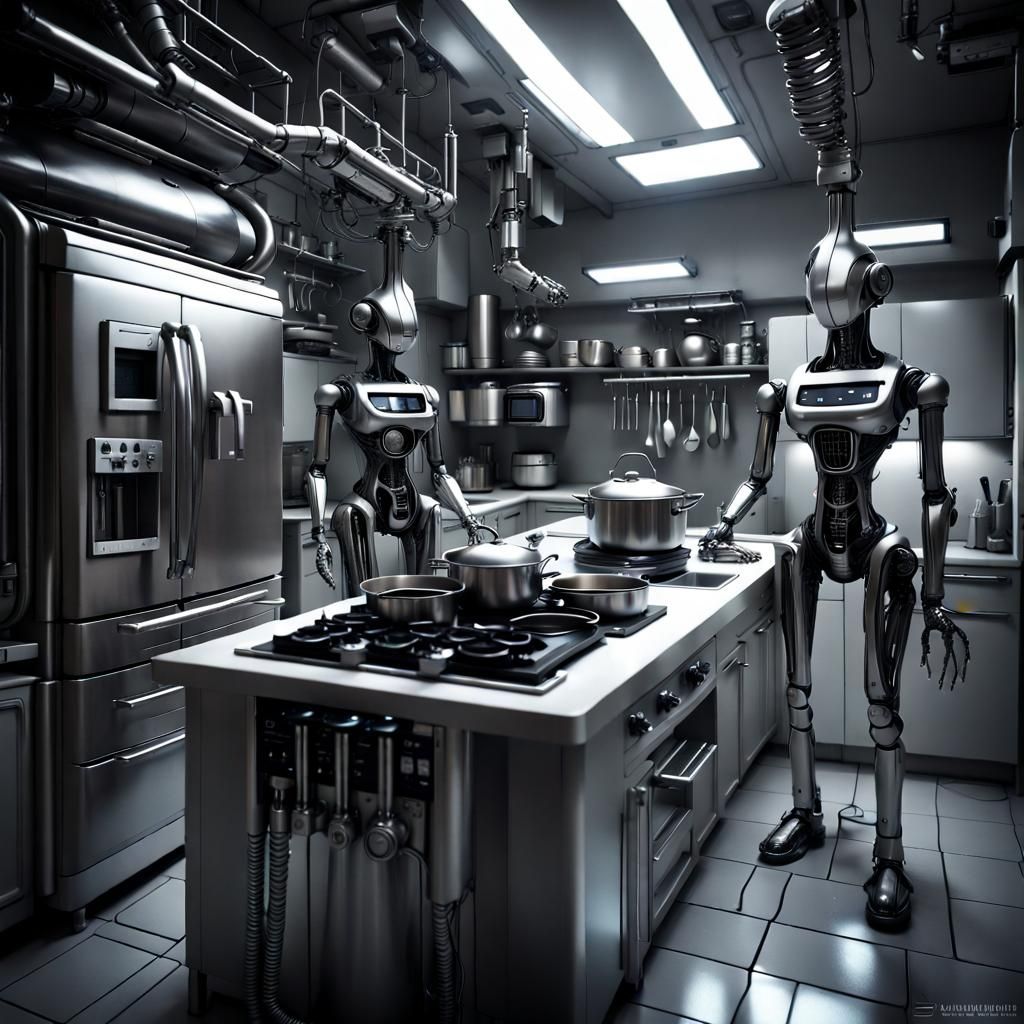 High-Tech Kitchen with Robot, Biomechanical Style