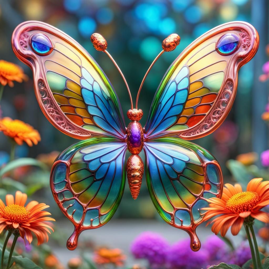 Carnival Glass Butterfly Among Filigree Flowers