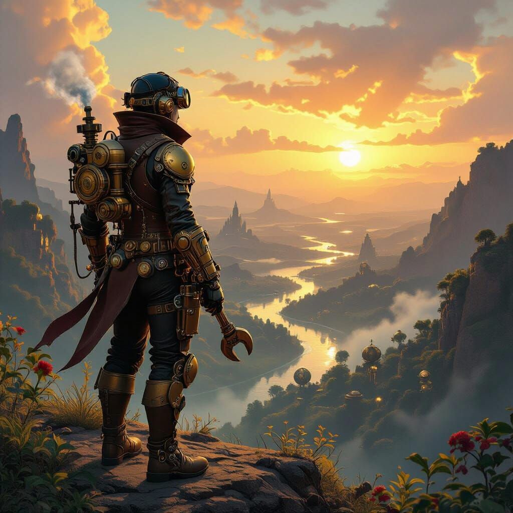 Steampunk Explorer Overlooking Clockwork Valley, Art Nouveau...