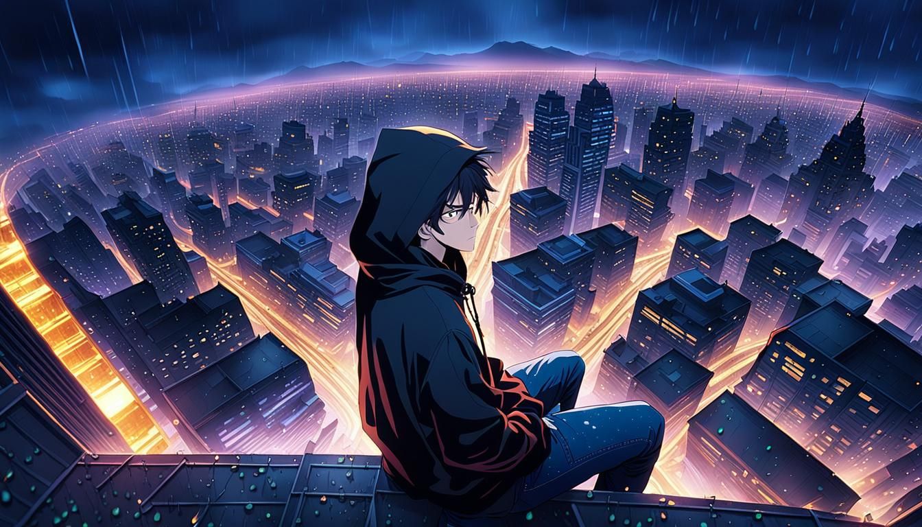 Anime Boy on Rooftop at Dusk in Rain