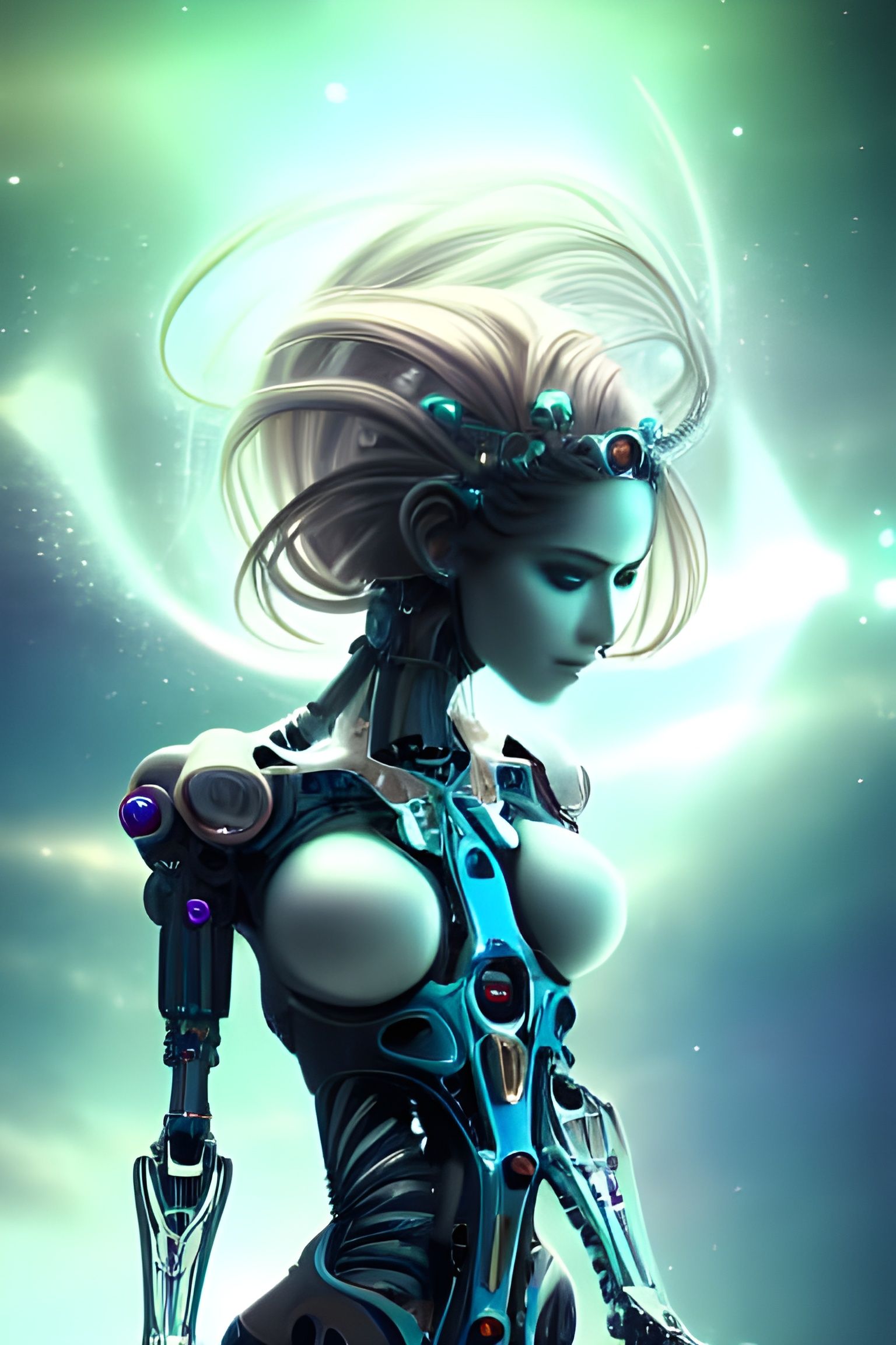 Biomechanical Goddess with Nebula Background in Anime Style