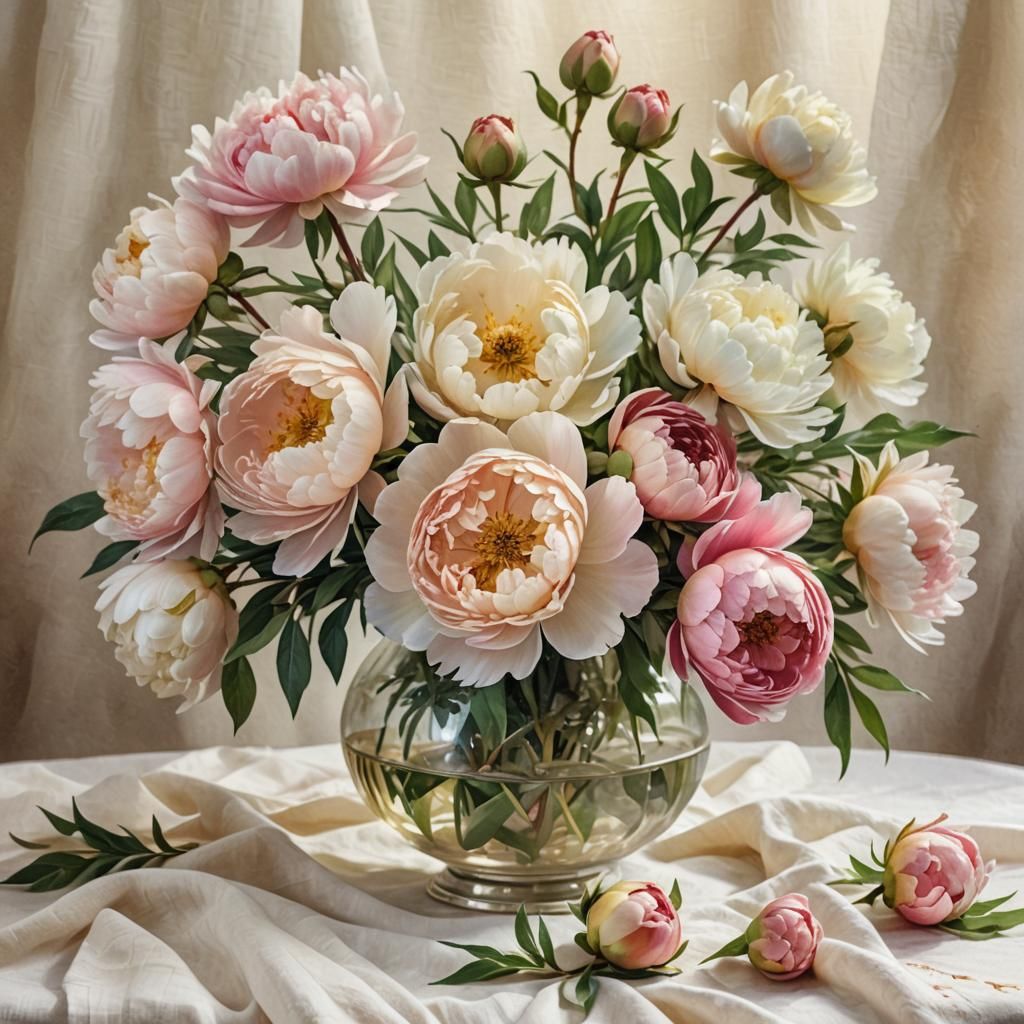 Delicate Watercolor Peonies in Antique Vase