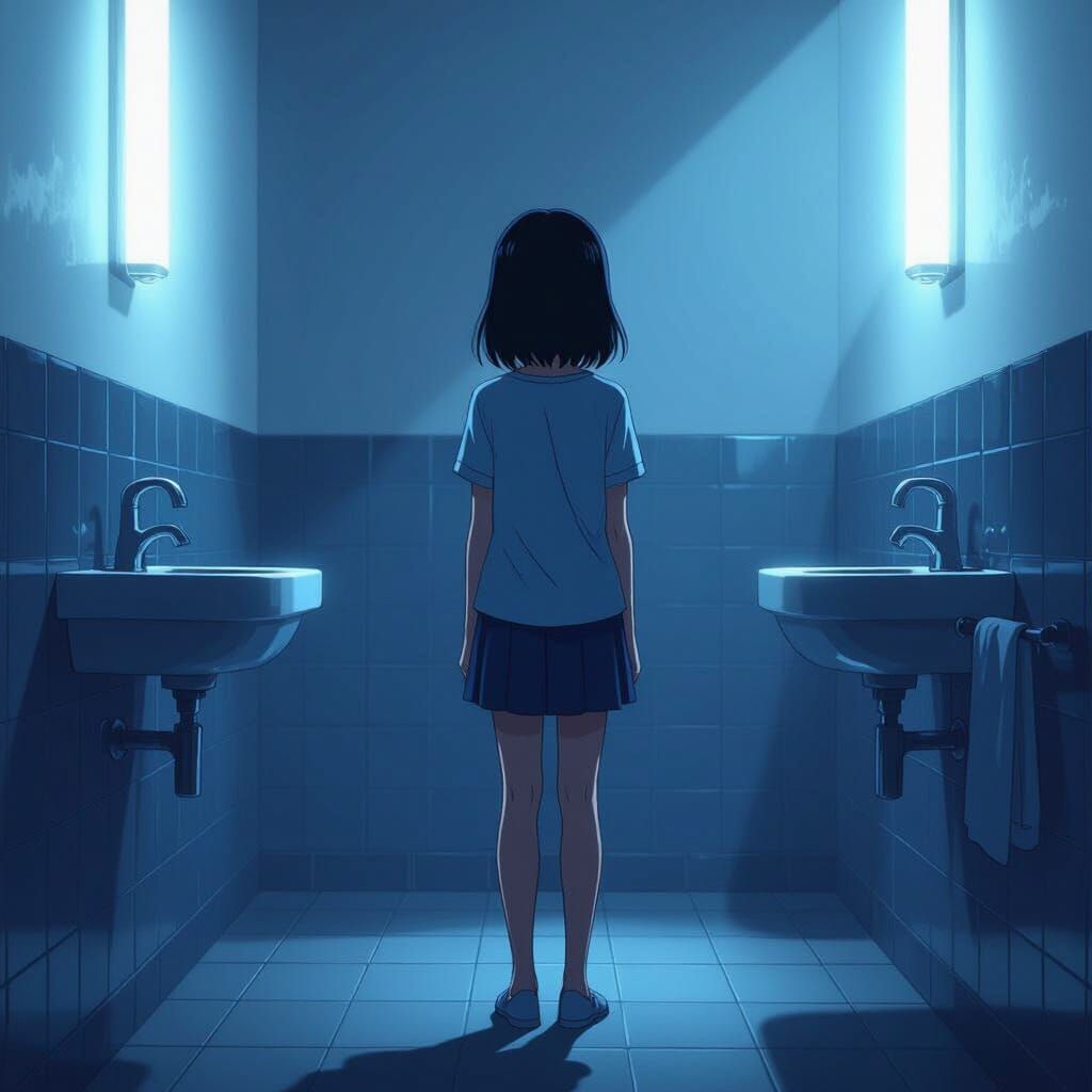 Anime Girl in Dark Bathroom, Emotional Cinematic Mood